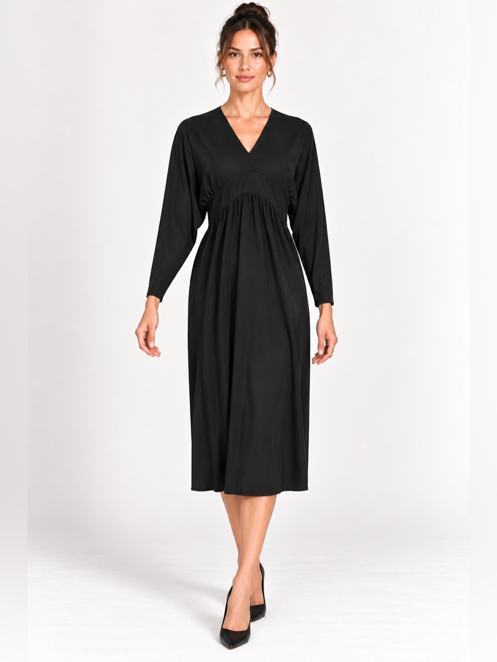 Vintage Adele Simpson 1970s Black Silk Dress 14 Low Plunging Back V Neck ILGWU